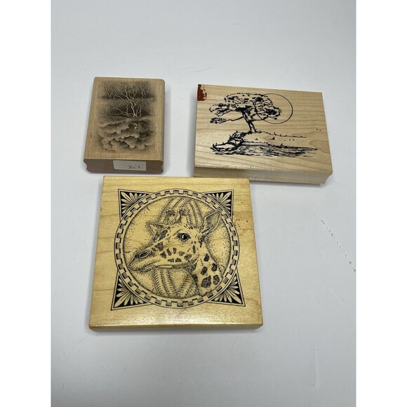Assortment Wood Mounted Rubber Stamps Set Of 3 Giraffe Landscape Desert Skyscape - Picture 1 of 6